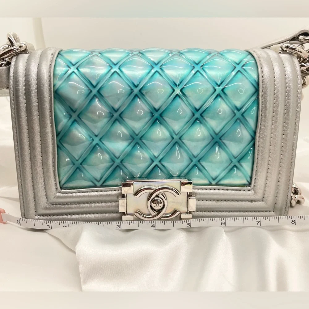 ***SOLD*** Chanel Boy Flap Bag Quilted Holographic PVC Small Blue & Silver - Picture 12 of 14